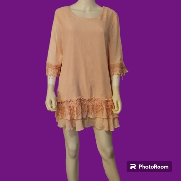 INDIGO SOUL Baby Pink Ruffle Fringe Tunic Micro Mini Fairycore Dress XL - Picture 1 of 10